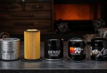 Five oil filters from Beck/Arnley, Motorcraft, K&N, Denso, and WIX