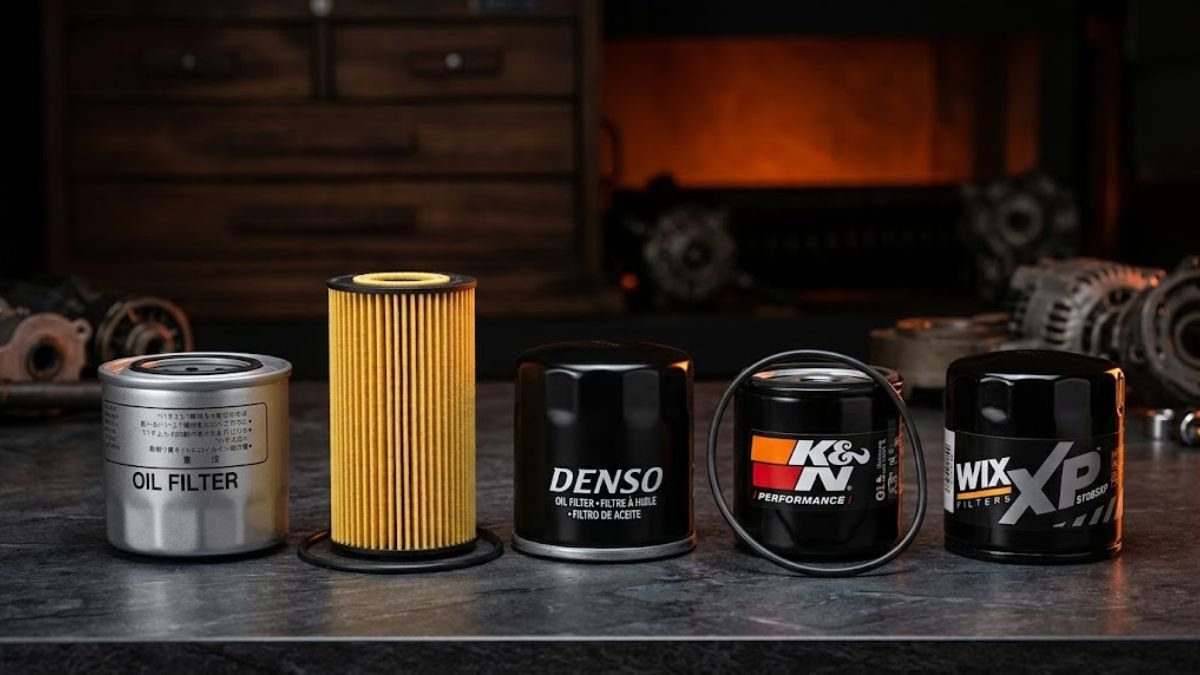 Five oil filters from Beck/Arnley, Motorcraft, K&N, Denso, and WIX